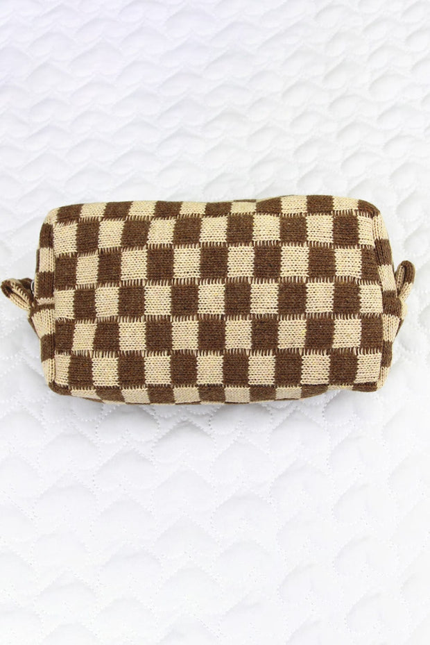 Checkered Knitted Zipper Makeup Bag
