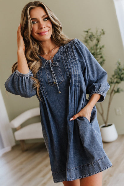 denim dress and boots Women's 3/4 Sleeve Denim Dress