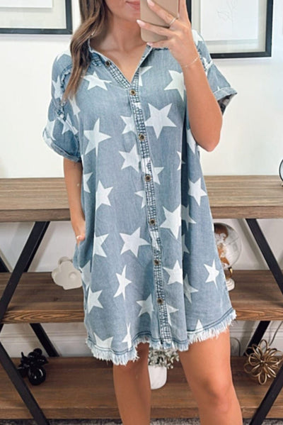 Frayed Star Print Denim Mini Dress | Pre Order 5/24