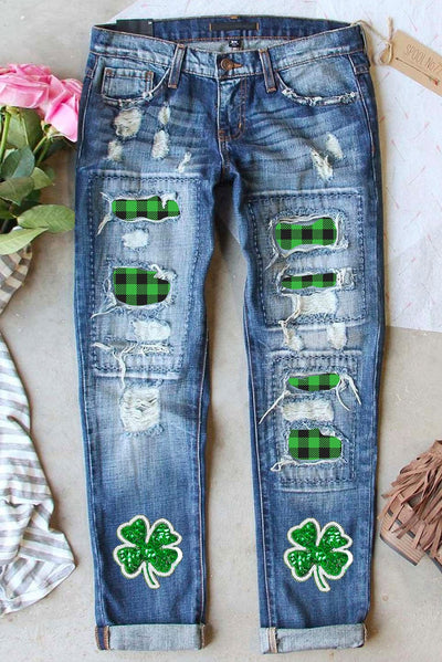 SALE - Glitter Clover Patch Distressed Jeans | Size 14