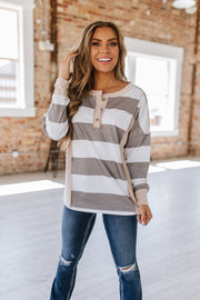 SALE - Henley Long Sleeve Striped Top | Size Small