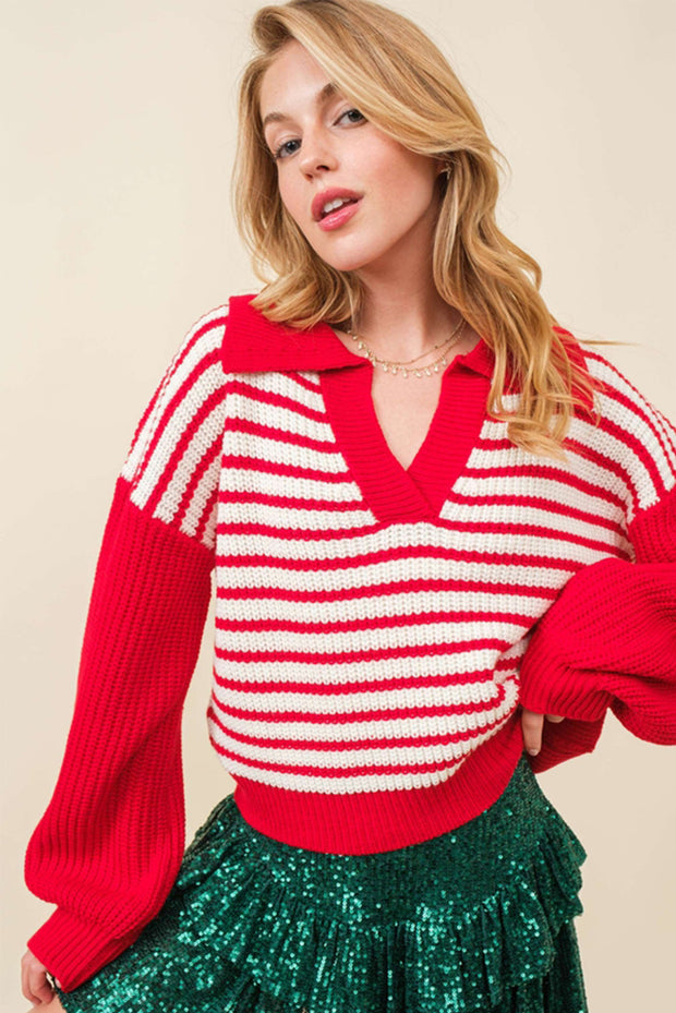 Striped V-Neck Collar Drop Sleeve Sweater | PRE ORDER