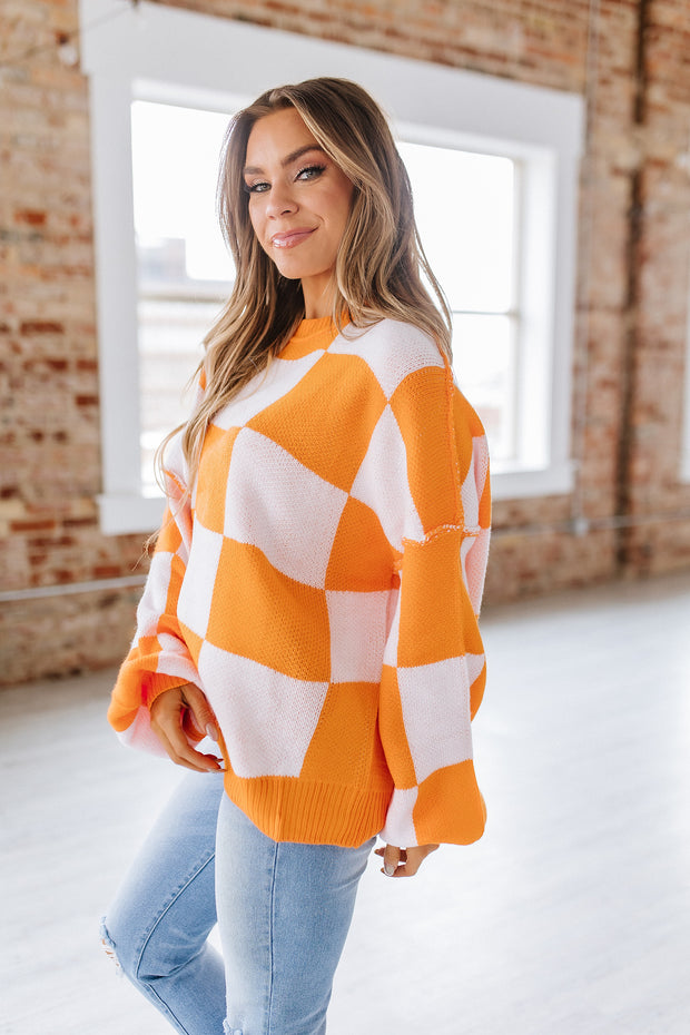 Checkered Bishop Sleeve Sweater | S-2XL