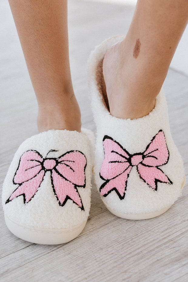 Pink Bowknot Fuzzy Slippers