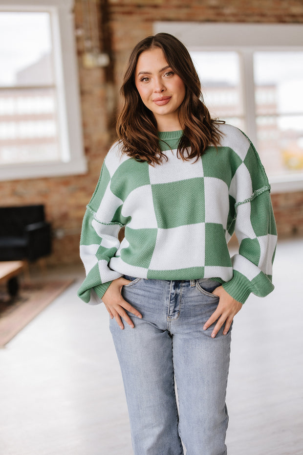 Checkered Bishop Sleeve Sweater | S-2XL