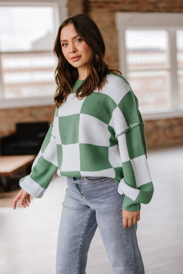 Checkered Bishop Sleeve Sweater | S-2XL