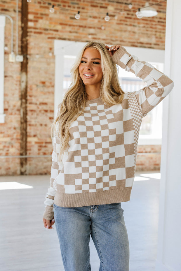 Lexee Checkered Round Neck Sweater | S-2XL