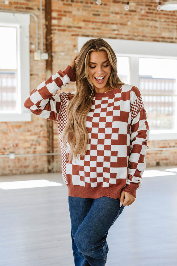 Lexee Checkered Round Neck Sweater | S-2XL