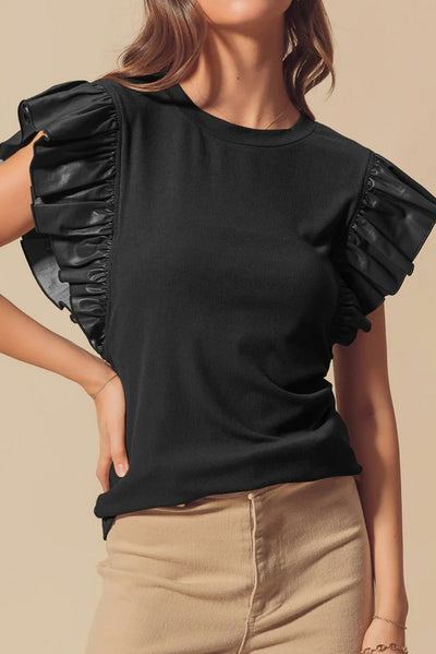 SALE - Rylee Leather Ruffle Shoulder Blouse | Size Small