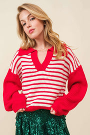 Striped V-Neck Collar Drop Sleeve Sweater | PRE ORDER