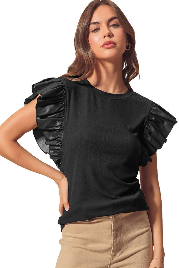 Rylee Leather Ruffle Shoulder Blouse | S-XL | PRE ORDER