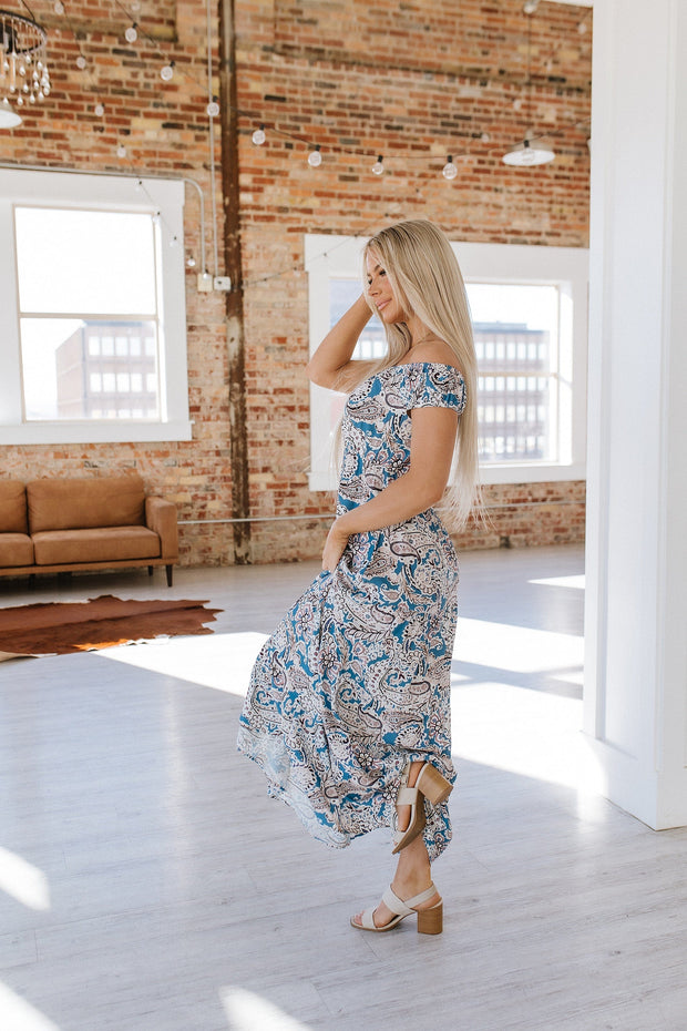 paisley boho maxi dress Blue Boho Paisley Print Off Shoulder Maxi Dress Blue / L