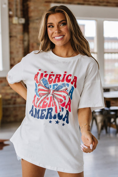 SALE - America Stars and Stripes Bow Graphic Tee | S-XL