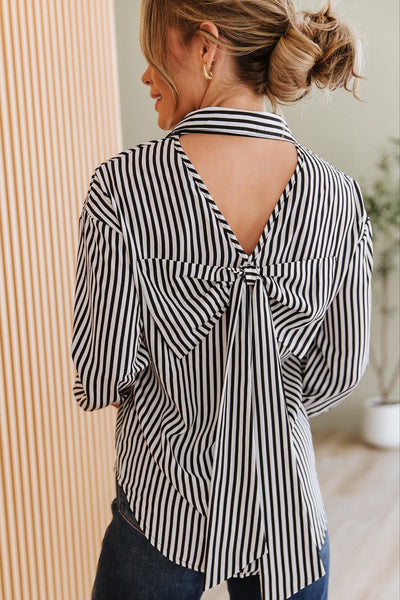 Black Striped Bow Backless Button Shirt