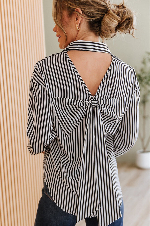 Black Striped Bow Backless Button Shirt