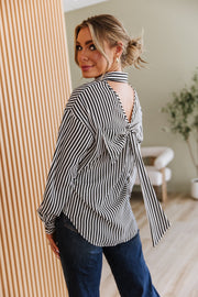 Black Striped Bow Backless Button Shirt