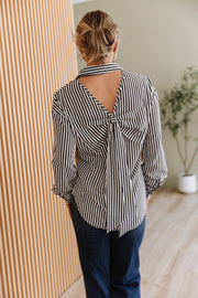 Black Striped Bow Backless Button Shirt