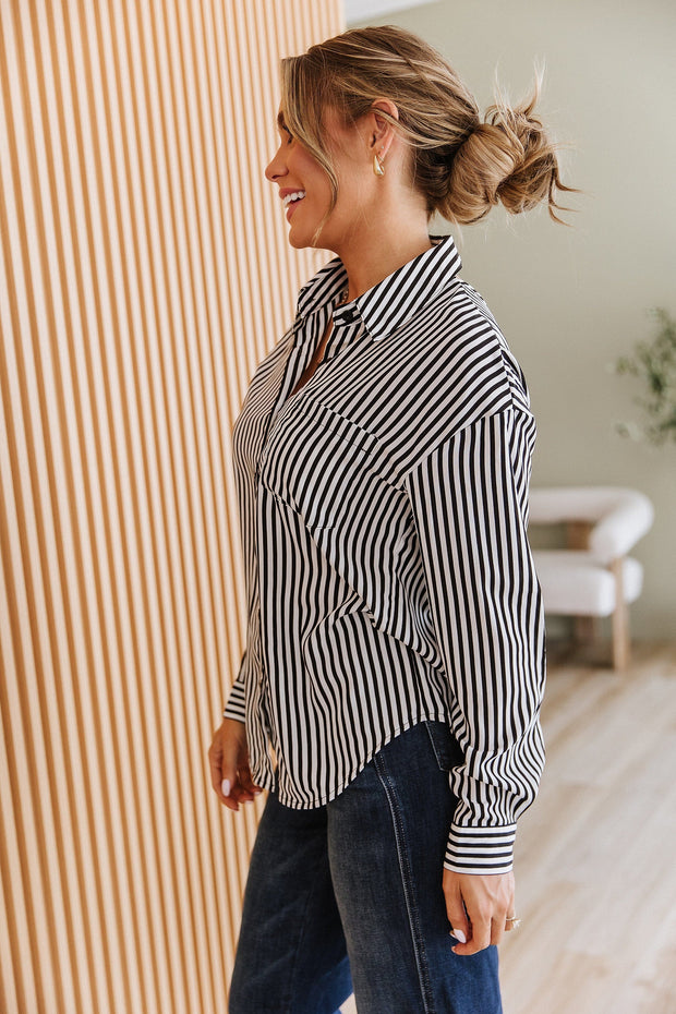 Black Striped Bow Backless Button Shirt