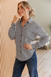 Black Striped Bow Backless Button Shirt