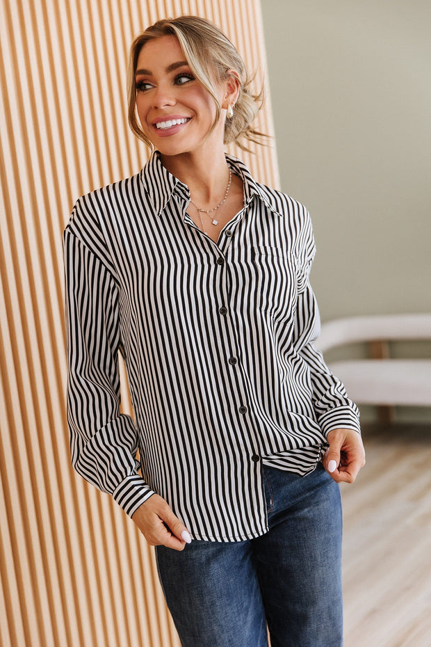 Black Striped Bow Backless Button Shirt