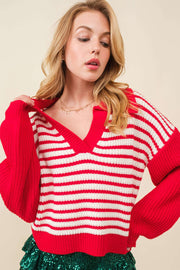 Striped V-Neck Collar Drop Sleeve Sweater | PRE ORDER