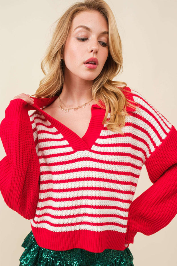 Striped V-Neck Collar Drop Sleeve Sweater | PRE ORDER