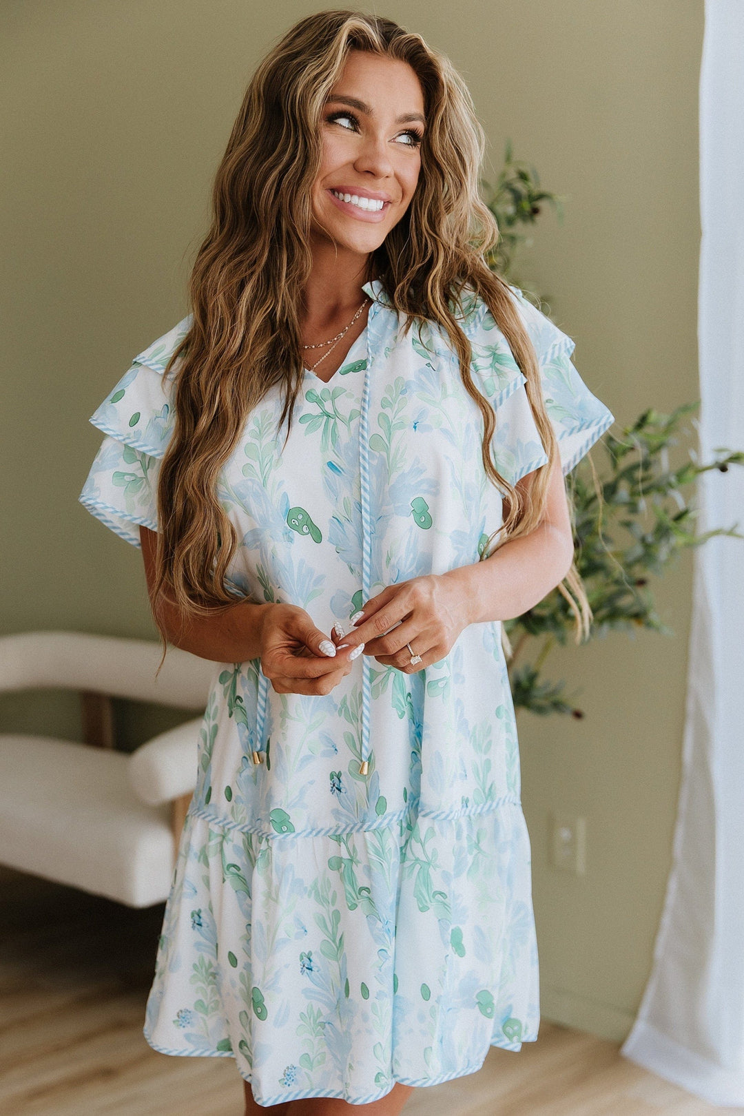 Women's Floral Ruffle Sleeve Mini Dress | Feminine Casual Dress Liam & Company Women's Floral Ruffle Sleeve Mini Dress | Feminine Casual Dress Liam & Company