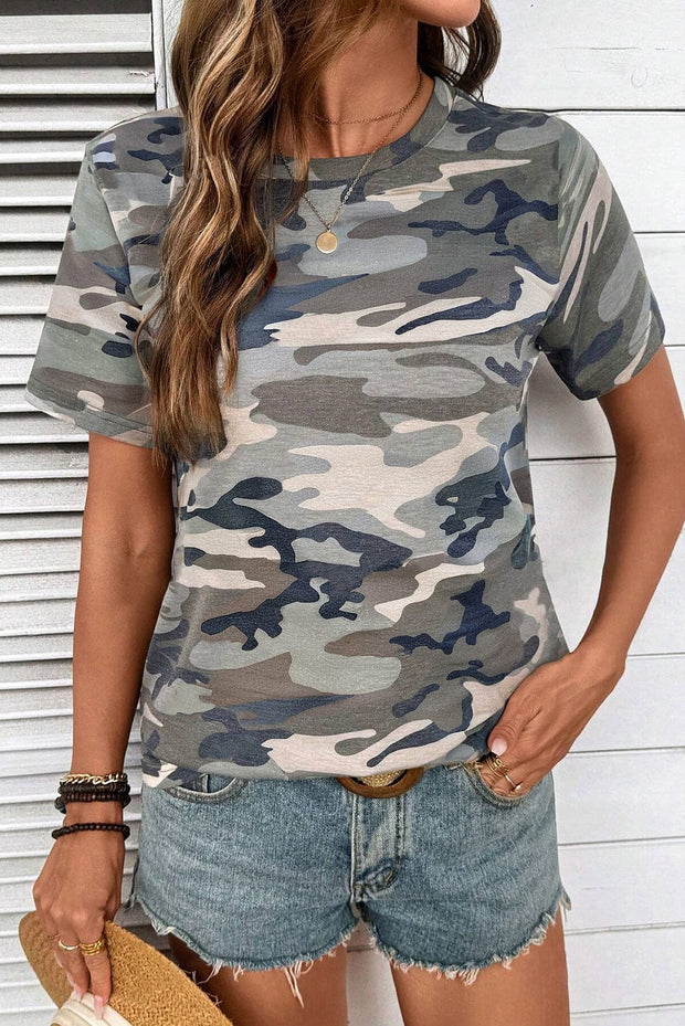 Camo Print Crew Neck Short Sleeve Top | DROPSHIP