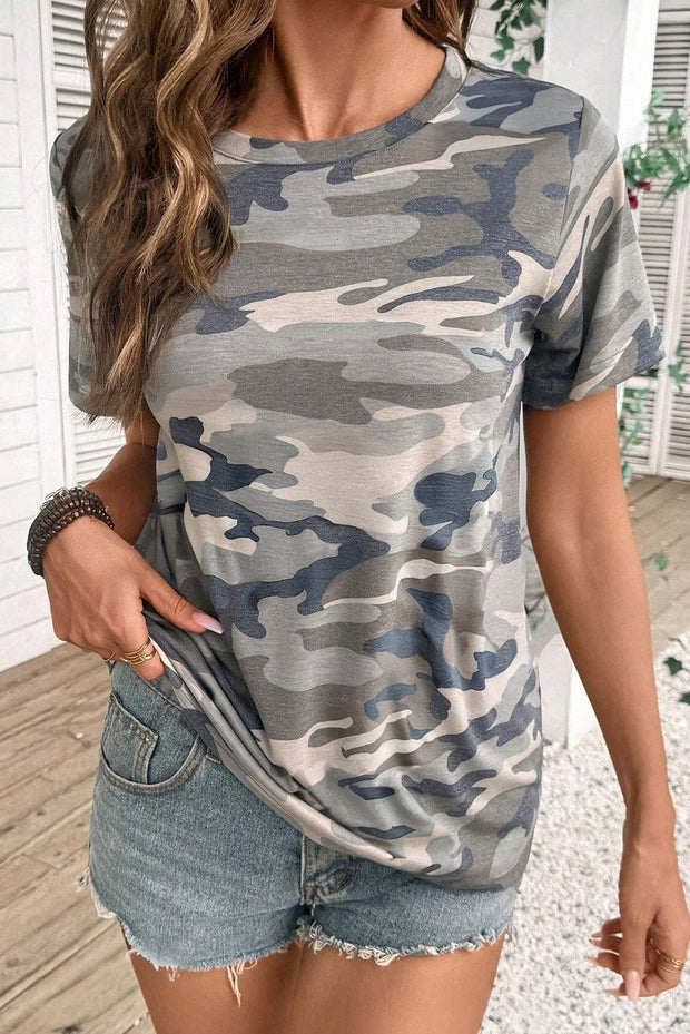 Camo Print Crew Neck Short Sleeve Top | DROPSHIP