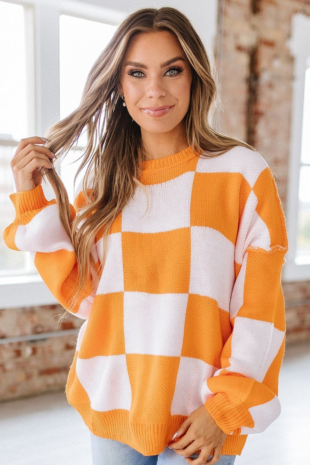 SALE - Checkered Bishop Sleeve Sweater – Liam & Company