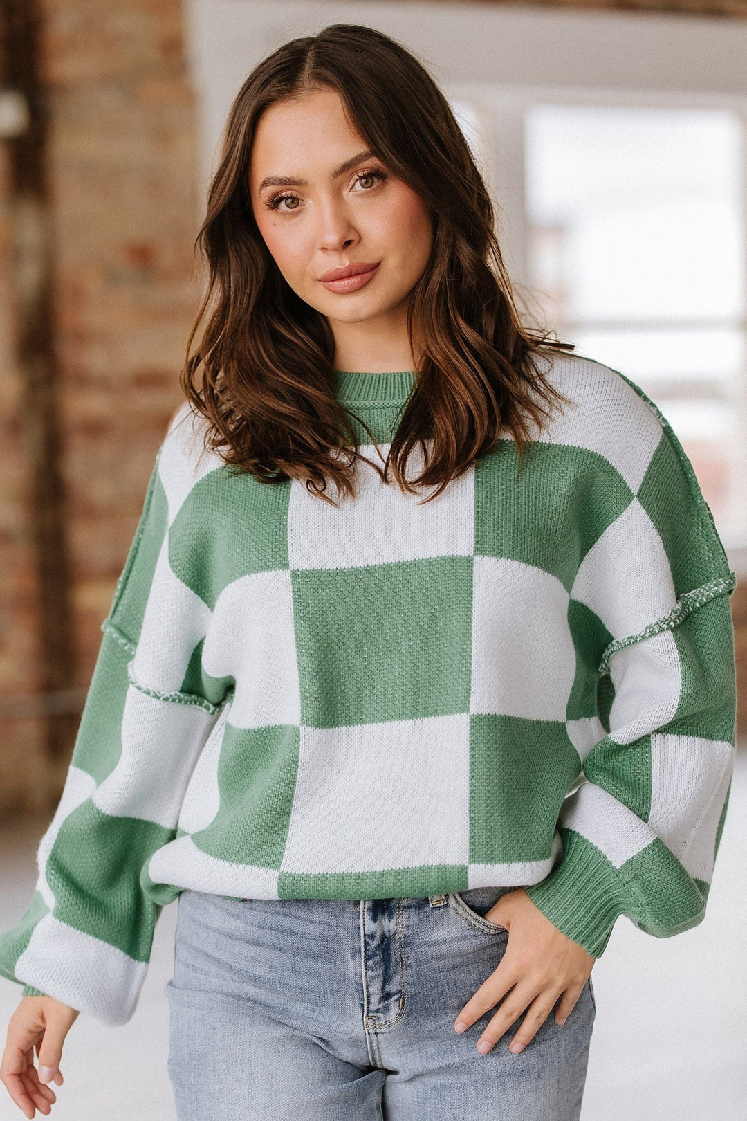 SALE - Checkered Bishop Sleeve Sweater – Liam & Company