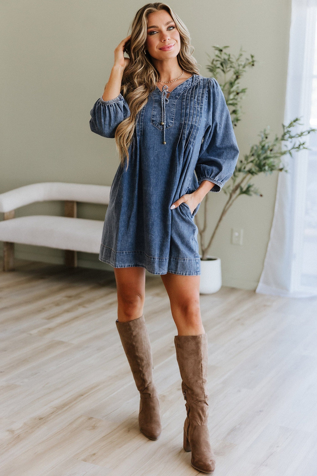 Women's 3/4 Sleeve Denim Dress | Casual Everyday Style Liam & Company Women's 3/4 Sleeve Denim Dress | Casual Everyday Style Liam & Company
