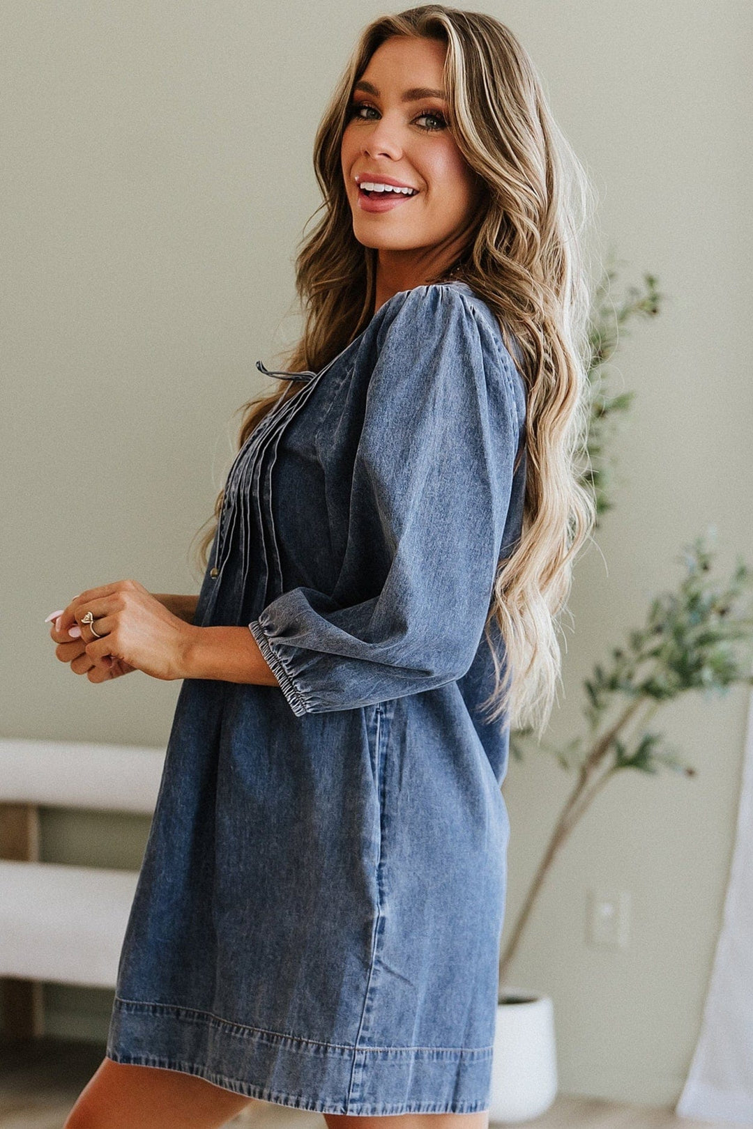 white christmas dresses Women's 3/4 Sleeve Denim Dress