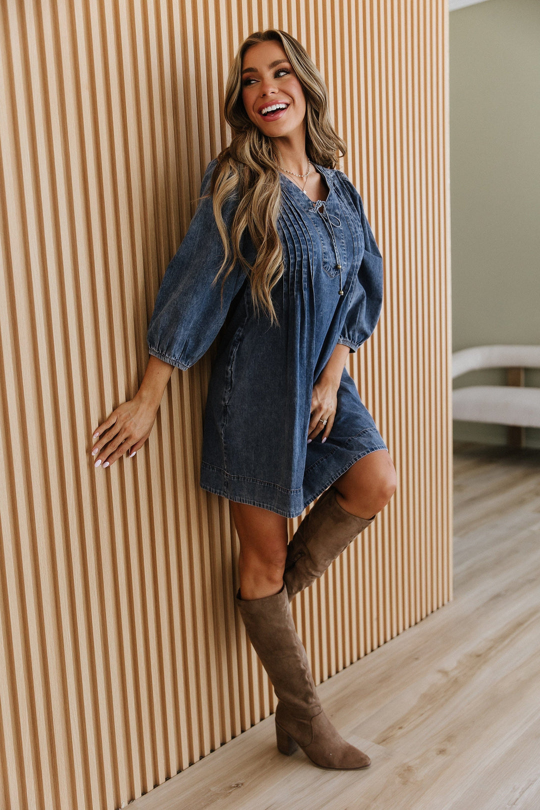 Women's 3/4 Sleeve Denim Dress | Casual Everyday Style Liam & Company Women's 3/4 Sleeve Denim Dress | Casual Everyday Style Liam & Company