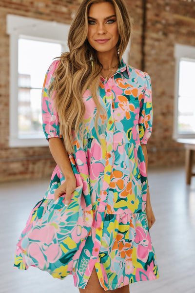 long sleeve floral babydoll dress Button Down Floral Puff Sleeve Babydoll Dress Green / M