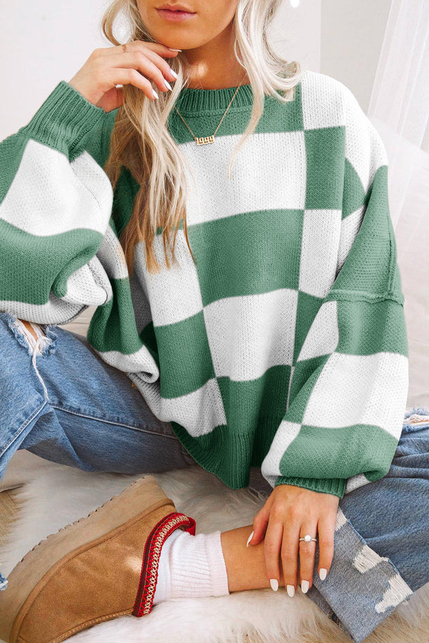 Checkered Bishop Sleeve Sweater | S-2XL