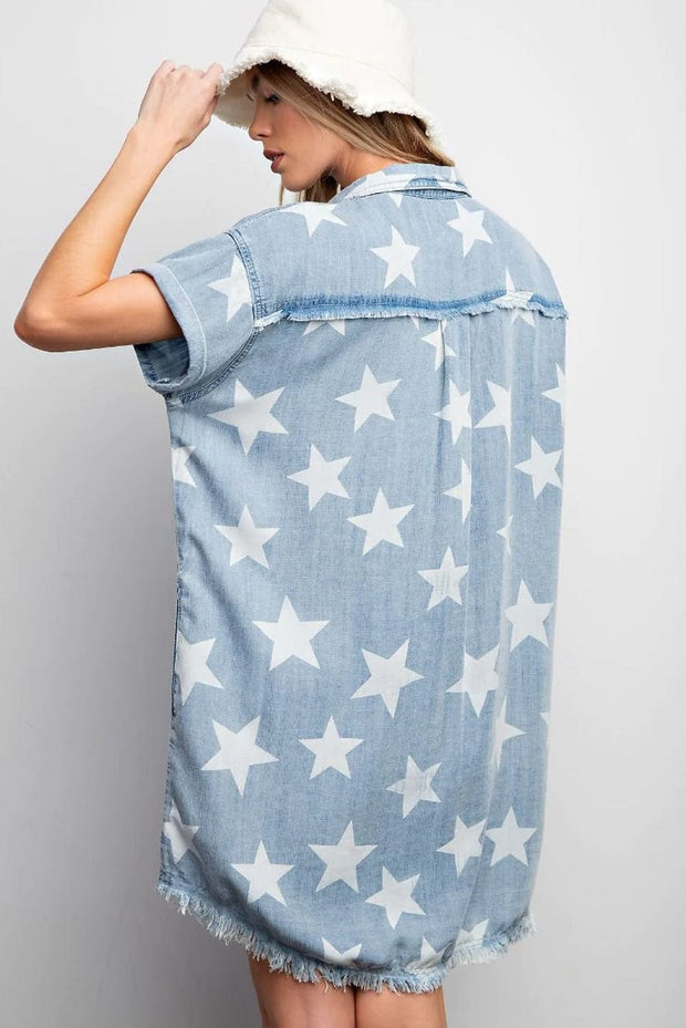 Frayed Star Print Denim Mini Dress | S-XL