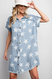 Frayed Star Print Denim Mini Dress | S-XL