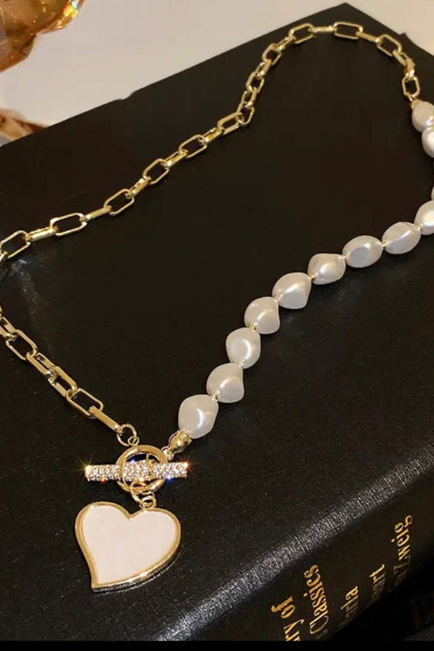 Heart Pendant Rhinestone Pearl Necklace