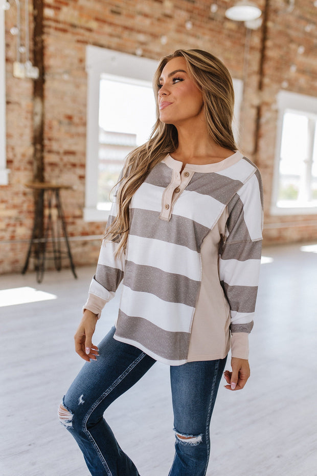 Henley Long Sleeve Striped Top | Size Medium