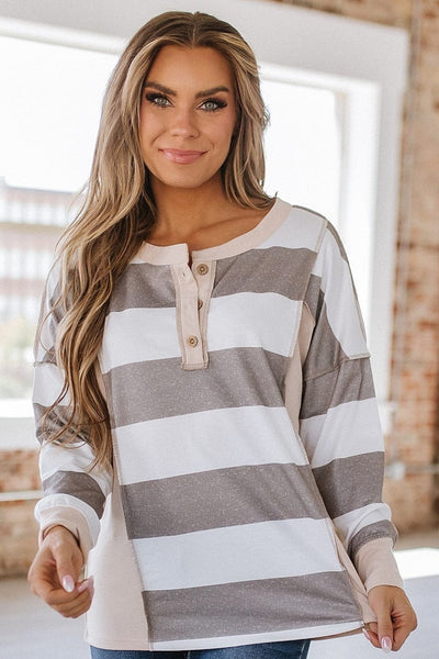 Henley Long Sleeve Striped Top | Size Medium