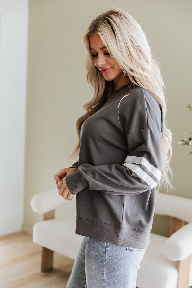 Leah Varsity Striped Sleeve Sweatshirt