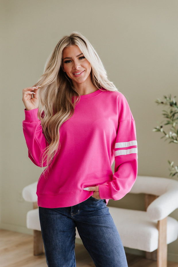Leah Varsity Striped Sleeve Sweatshirt