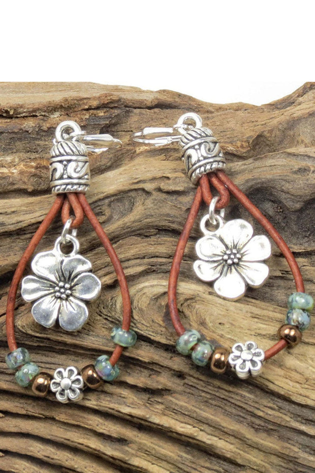 Leather Beaded Floral Dangle Earrings