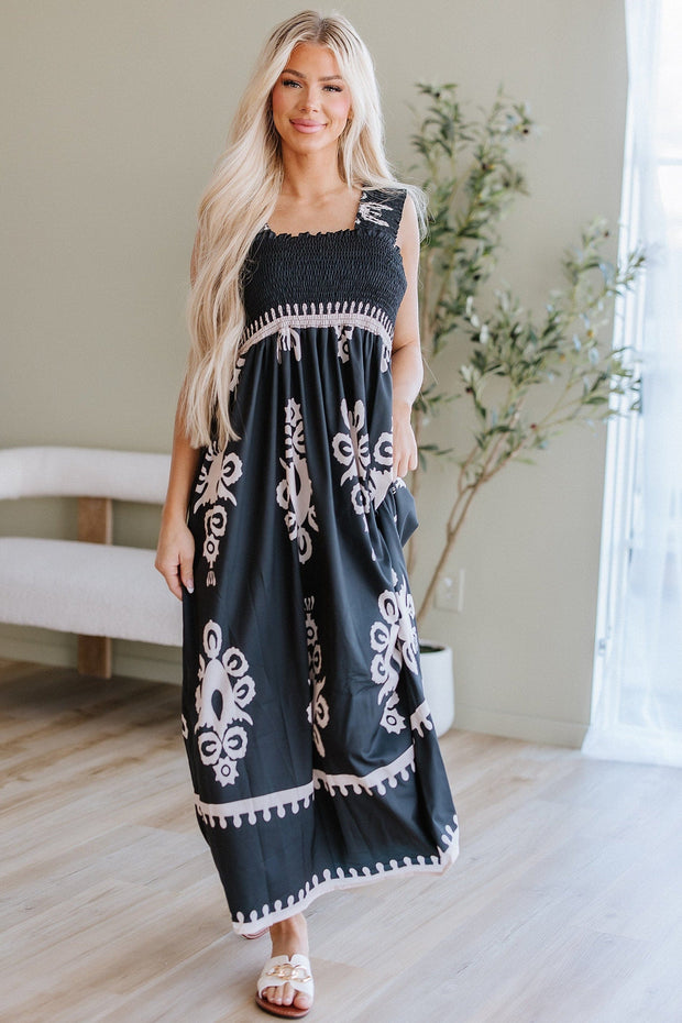 Women's Boho Smocked Maxi Dress | Sleeveless Flowy Dress Liam & Company Women's Boho Smocked Maxi Dress | Sleeveless Flowy Dress Liam & Company