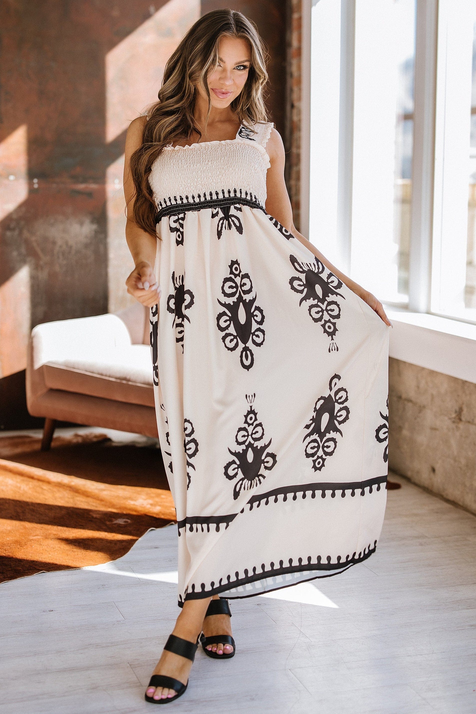 Leo Boho Smocked Maxi Dress – Women’s Sleeveless Flowy Style