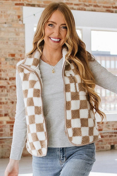 Meg Checkered Sherpa Collared Vest | DROPSHIP