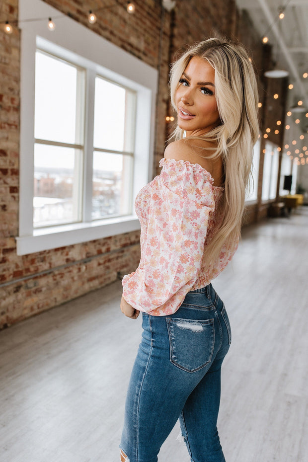 SALE - Pink Floral Print Boho Off Shoulder Smocked Blouse