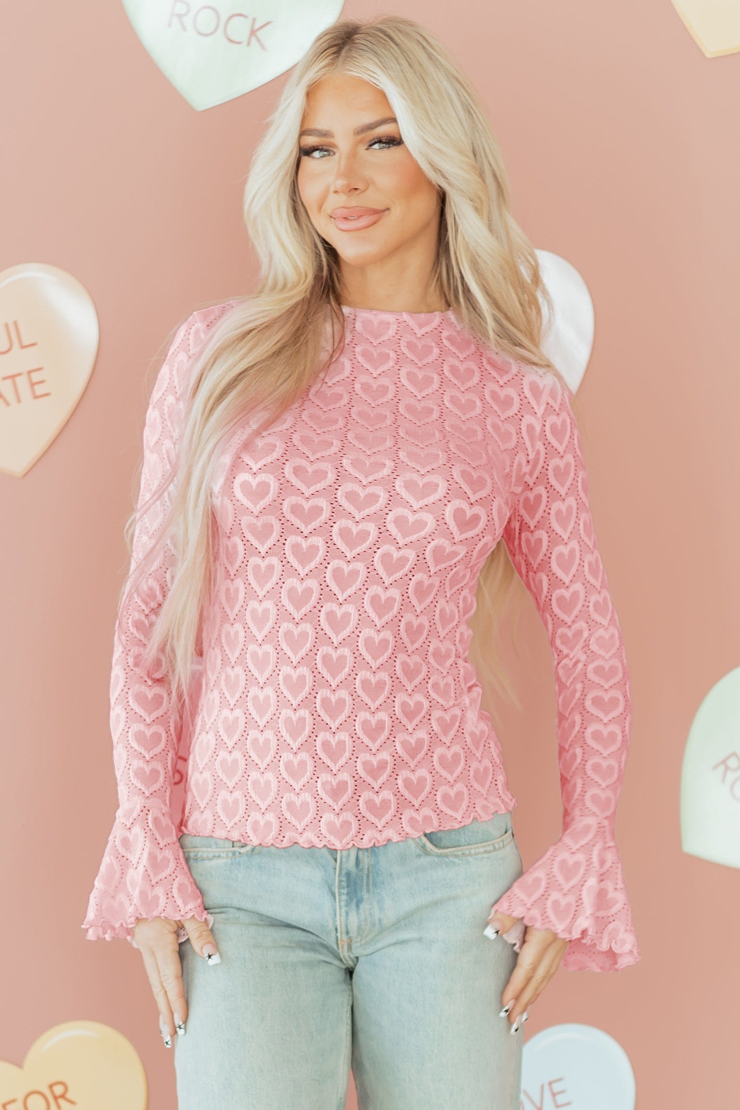 Pink Heart Bell Sleeve Mock Neck Top | DROPSHIP