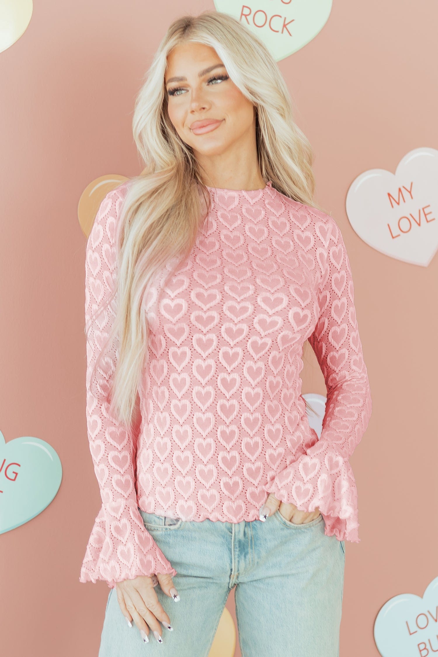 Pink Heart Bell Sleeve Mock Neck Top | DROPSHIP